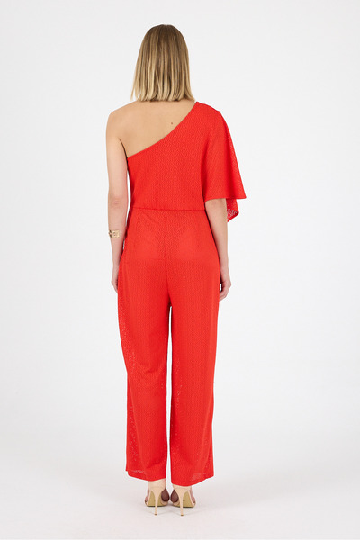 Laranor Red One Shoulder Flywheel Fragmented Jacquard Knitted Fabric Jumpsuit Day Night Elegance