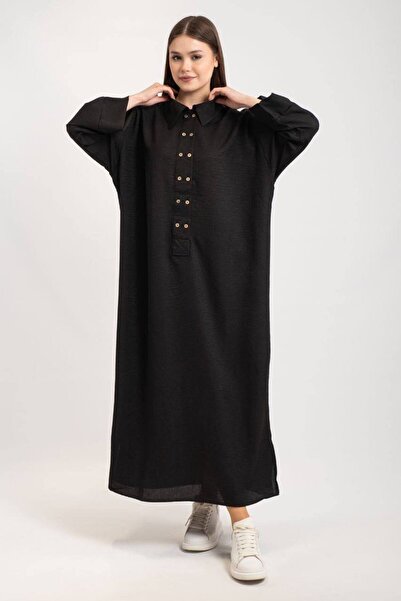 PİNK FLY Shirt Collar Double Button Skirt Mini Slit Linen Dress