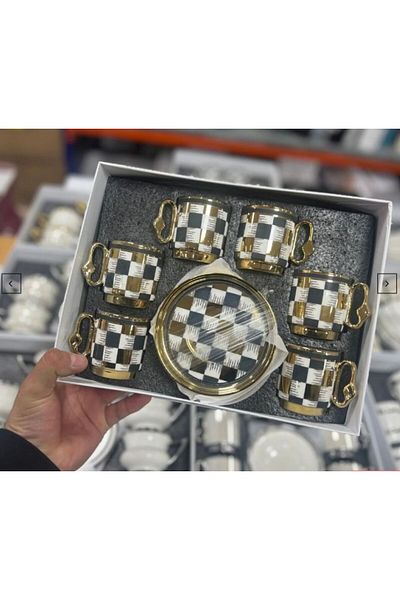 hinezahome Gold Checkerboard Cup Set for 6 People