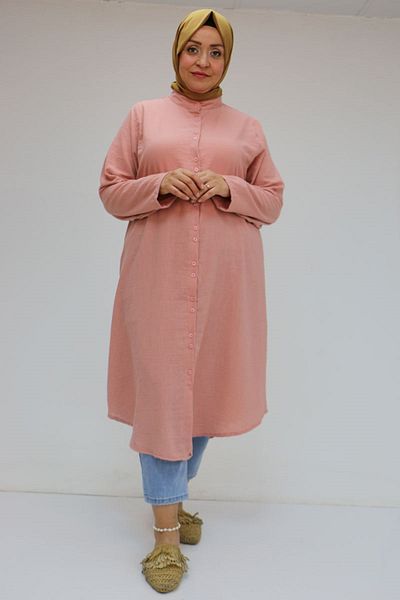 Eslina 58088 Large Size Double Button Judge Collar Linen Shirt - Powder