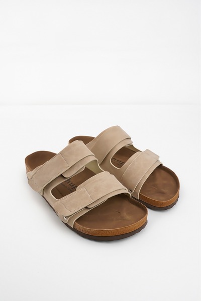 Shupe Women's Men's Beige Velcro Double Striped Suade Nubuck Leather Sports Slippers