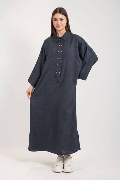PİNK FLY Shirt Collar Double Button Skirt Mini Slit Linen Dress