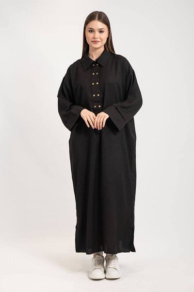 PİNK FLY Shirt Collar Double Button Skirt Mini Slit Linen Dress