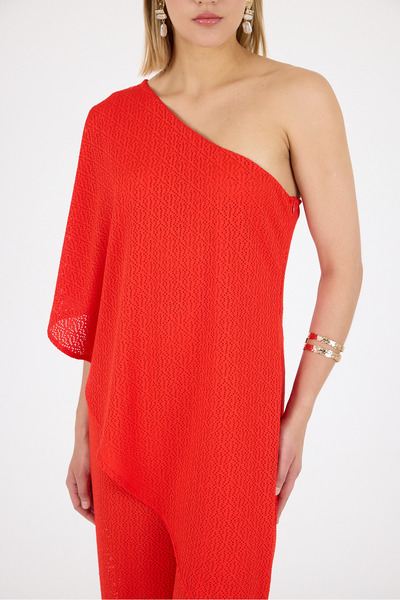 Laranor Red One Shoulder Flywheel Fragmented Jacquard Knitted Fabric Jumpsuit Day Night Elegance