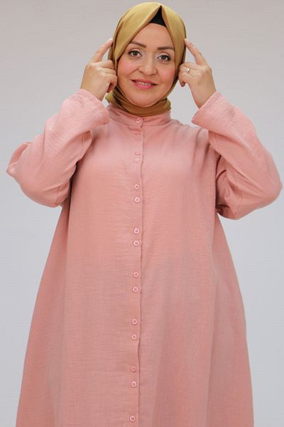 Eslina 58088 Large Size Double Button Judge Collar Linen Shirt - Powder