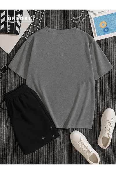 EFFRENATU Jupiter and Little Stars Printed Cotton Unisex Gray T-Shirt-Black Shorts Set