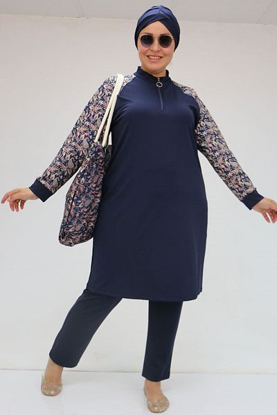 Eslina 1732 Plus Size Turtleneck Zipper Swimsuit - Ethnic Pattern Navy Blue
