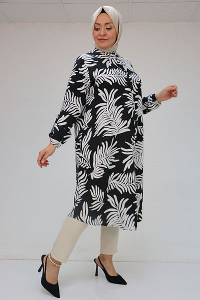 Eslina 58089 Large Size Dominant Collar Double Button Patterned Viscose Shirt - Palm D.Black
