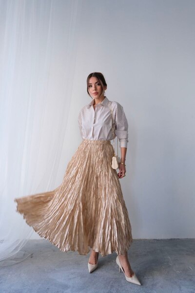PİNK FLY Women's Beige Imported Pleated Shiny Satin Crashed Bohemian Maxi Skirt High Waist Stylish and Comfortable Design