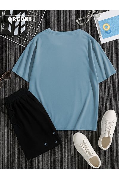 EFFRENATU Jupiter and Little Stars Printed Cotton Unisex Light Blue T-Shirt-Black Shorts Set