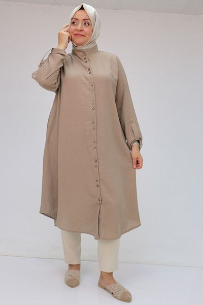 Eslina 58088 Large Size Double Button Judge Collar Linen Shirt - Brown