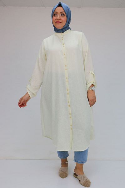 Eslina 58088 Large Size Double Button Judge Collar Linen Shirt - Ecru