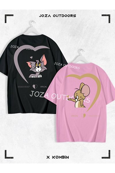 Joza Outdoors Γυναικεία Ανδρική Καρδιά Tom and Jerry BACK Εκτυπωμένη Ζευγάρι Ζευγάρι Συνδυασμός Oversize Πολύχρωμο Μπλουζάκι Σετ 2 τεμαχίων