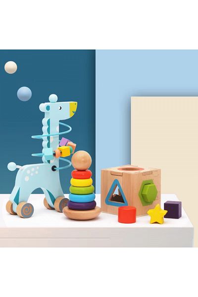Qiaike Montessori Wooden Toy Set Giraffe, Shape Cube, Rainbow Stacking Tower