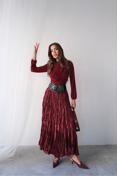 PİNK FLY Fusta maxi boemă pliată din satin lucios, importată, bej, pentru femei, cu talie înaltă, design elegant și confortabil