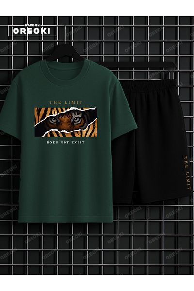EFFRENATU No Border Tiger Printed Cotton Men's Forest Green T-Shirt-Black Shorts Set