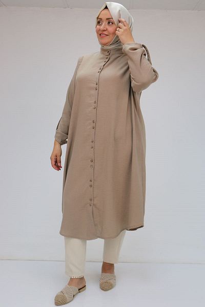 Eslina 58088 Large Size Double Button Judge Collar Linen Shirt - Brown