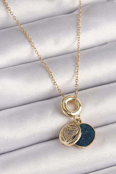 Skygo Gold Color 316L Steel Heart Model Necklace Zircon Stone Blue Glitter