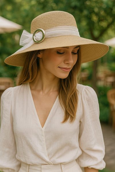LAGRANZE Bow Tulle Detailed Straw Women's Hat