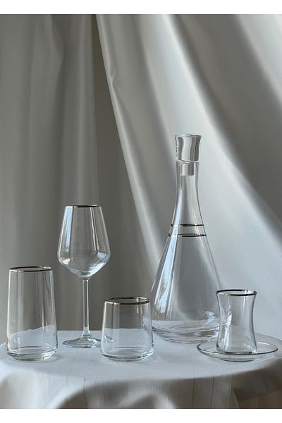 Şahika Kristal cama atılan imza 61 Piece Vera Platinum (Silver) Glass Cup Set for 12 People Dowry Water Set Tableware