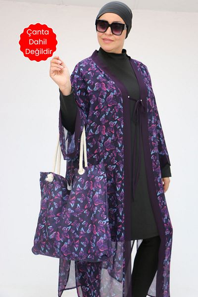 Eslina 1735 Large Size Garni Detailed Pareo - Butterfly Pattern Purple
