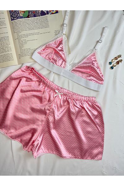 ROZENİN LINGERIE Patterned Satin Bralet Shorts Pajama Set