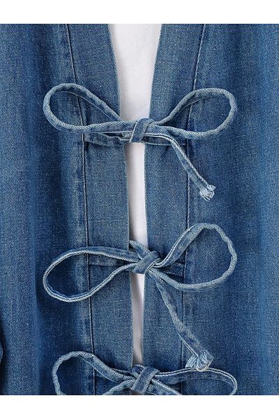 Modamorfo Jeans Kimono Suit with Tie Front Pockets and Trousers - Dark Blue