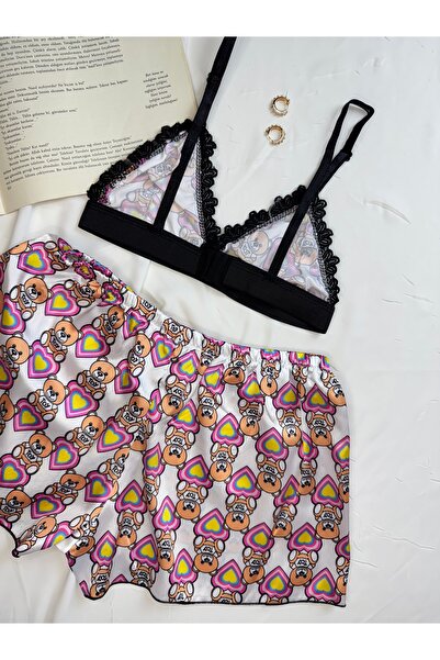 ROZENİN LINGERIE Patterned Satin Bralet Shorts Pajama Set