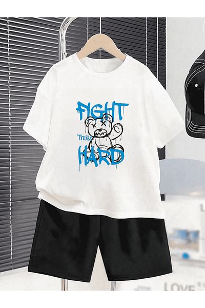 Frisson تي شيرت / شورت مريح من القطن برقبة دائرية للجنسين مطبوع عليه "Fight Hard"