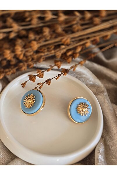 DEMİR ACCESORİES Women's Sun Detailed Gold Blue Earrings