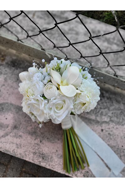 Buketlife Krem incili gelinbuketi gelinçiçeği gelinbuketi ve yakaçiçeği