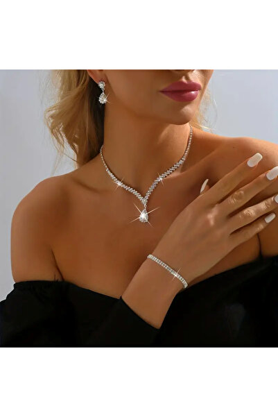 Estilo Lingerie GÜMÜŞ KAPLAMA ZİRKON TAŞLI TAKI SETİ ABİYE TAKI SETİ DÜĞÜN TAKISI HEDİYE TAKI SETİ