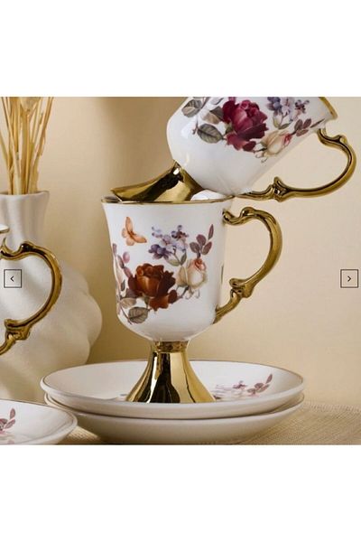 hinezahome Porcelain Cup Set with Roses on Feet Ceramic for 6 People