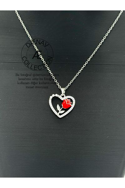 Daynav Silver Color Necklace with Heart Rose Motif – 45 cm