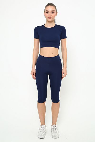 OPENDO Crew Neck Short Sleeve Crop & Pocket Capri Leggings Two-Piece Set (Without Pads)