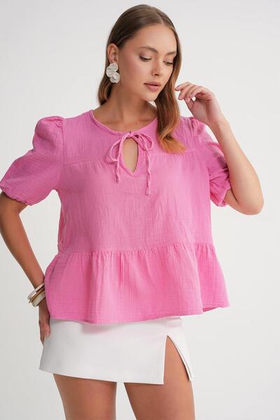Mixray 4715 Women's Tie Collar Short Sleeve Muslin Blouse Pink