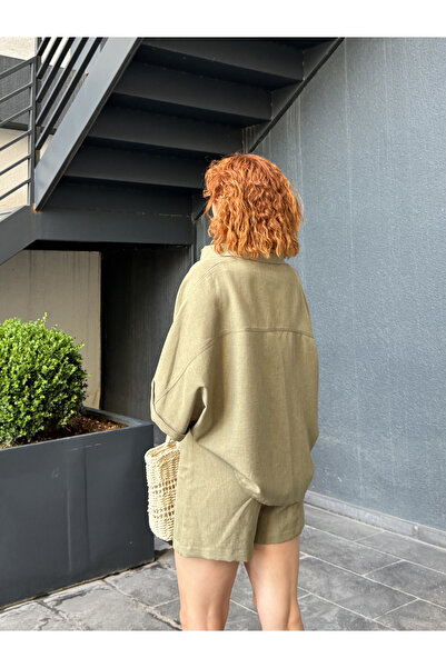 Bak'ap Premium Soft Linen Oversize Shirt - Linen Belt Shorts Two-Piece Set