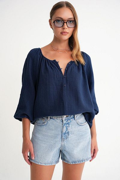 Mixray 4707 Women's Gathered Collar Sleeve Elastic Loose Muslin Blouse Navy Blue