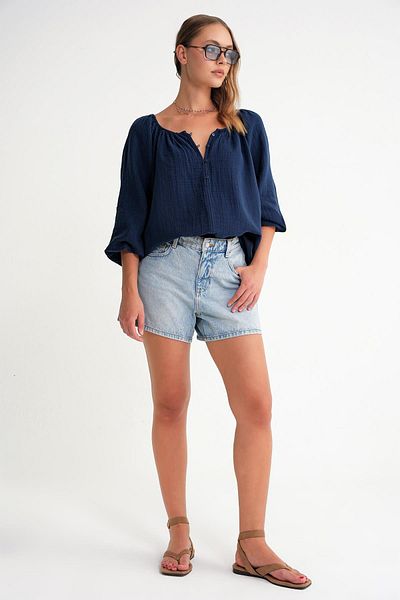 Mixray 4707 Women's Gathered Collar Sleeve Elastic Loose Muslin Blouse Navy Blue