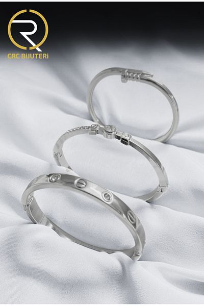Crc Bijuteri Women's Silver Color 3-Piece Stone Handcuff Bracelet Set - Elegant and Sparkling Design