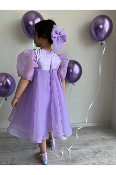 Sare Çocuk Giyim Princess Lilac Girls' Dance Dress, Bow Collar Purple Ceremonial Evening Dress + Buckle