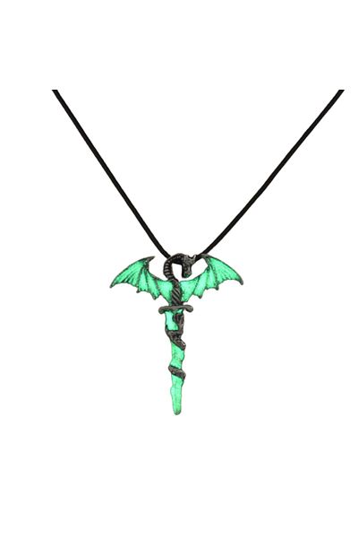 Tessero Black leather necklace with dragon pendant wrapped around sword, glowing green at night, Tessero, si
