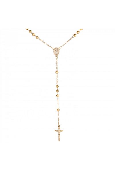 Tessero Religious Rosary Necklace with Cross Pendant, Stainless Steel, 18K Gold Plated, Golden