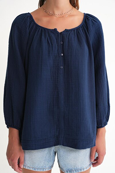 Mixray 4707 Women's Gathered Collar Sleeve Elastic Loose Muslin Blouse Navy Blue