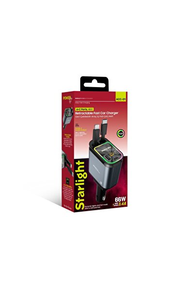 Zoli 66W Hızlı Araç Şarj Aleti,4'ü 1 Arada Type-C + Lightning Çek Bırak Makar...