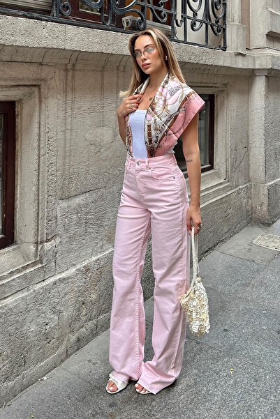 Swist High Waist Wide Leg Women's Jean with Pink Leg Detail