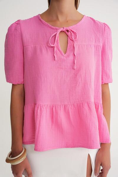 Mixray 4715 Women's Tie Collar Short Sleeve Muslin Blouse Pink