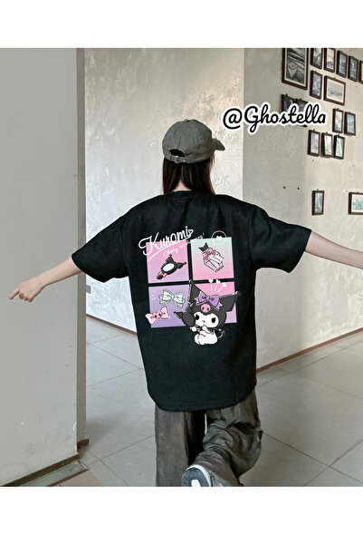 Minga London تيشيرت أسود للجنسين مطبوع عليه Kuromi Collage مقاس كبير - Ghostella