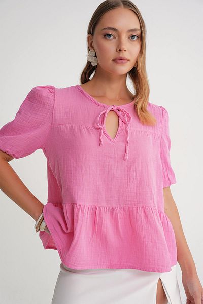 Mixray 4715 Women's Tie Collar Short Sleeve Muslin Blouse Pink
