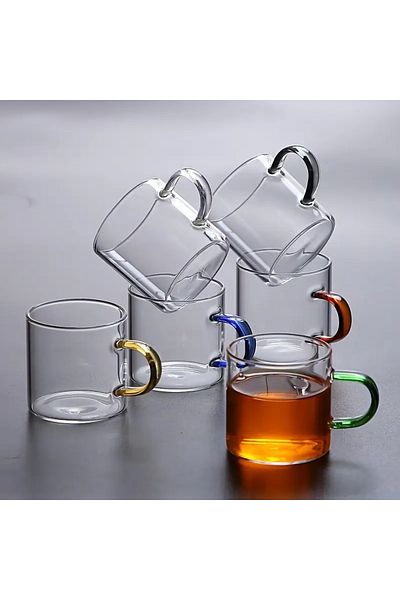 CİHO 6' Li Colored Handle Borosilicate Glass Coffee Tea Mug Cup 100 ml (Vivatti)